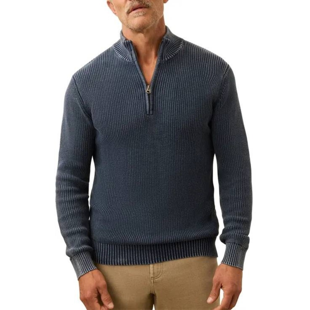 Faherty Sunwashed Blue Organic Cotton Ribbed Quarter Zip Large Sweater Pullover
